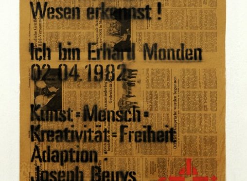 Art poster for the campaign ‘Define yourself’ with text over a newspaper and photos at the bottom.