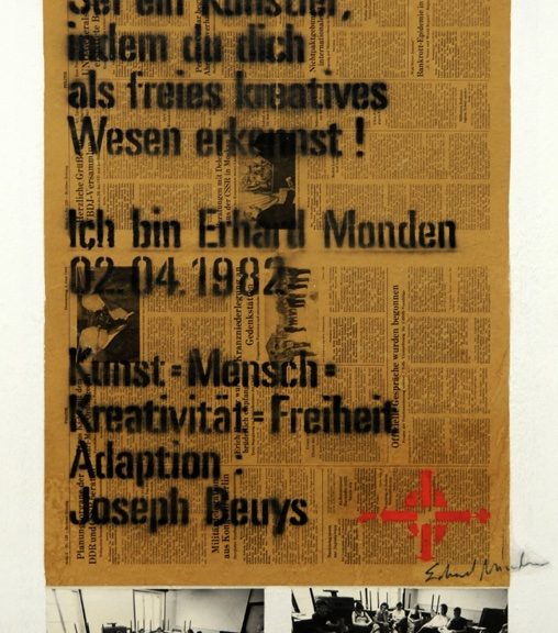 Art poster for the campaign ‘Define yourself’ with text over a newspaper and photos at the bottom.