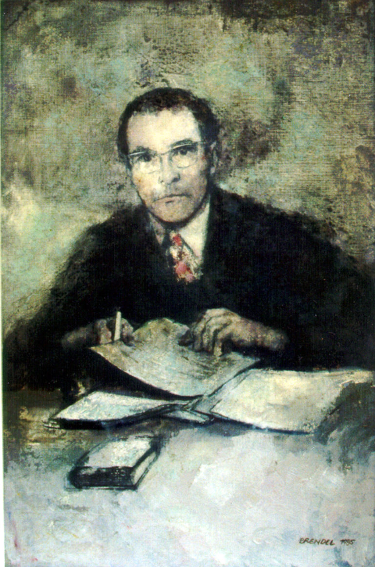 gemaltes Porträt eines Mannes mit Brille und Krawatte am Schreibtisch, der von Schriftstücken vor ihm zum Betrachter aufblickt