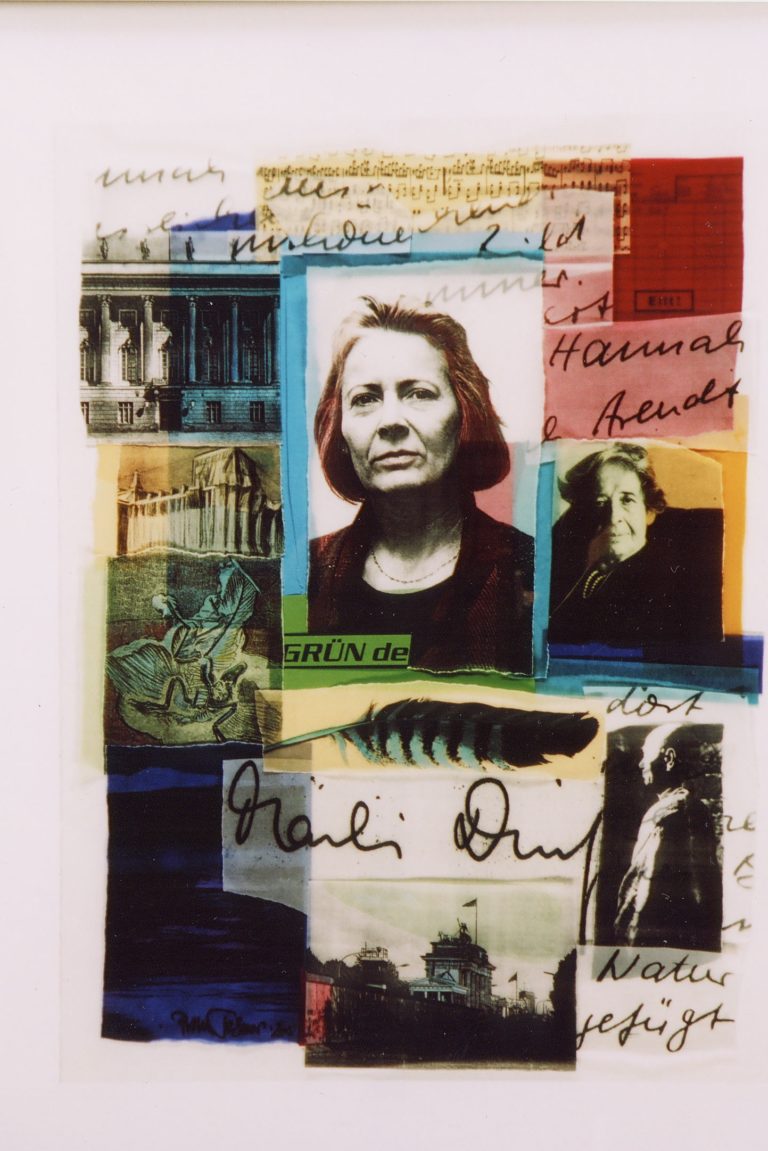 Das Bild zeigt eine farbige Collage mit Fotos von Marlies Dürkop-Leptihn und Hannah Arendt sowie Handschriften und bearbeitete Fotoausschnitte der Berliner Universität und ihrer Sammlungen