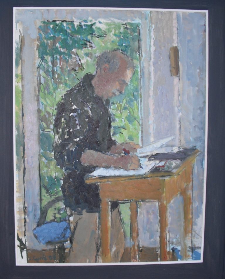 Foto eines gemalten Porträts von Jürgen Mlynek stehend an einem Schreibpult vor einer Tür mit Blick ins Grüne