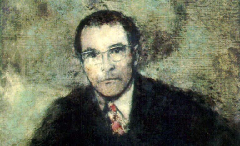 Foto eines Ölgemäldes mit dem Porträtkopf eines Mann in Anzug und Krawatte, der aus dem Bild schaut