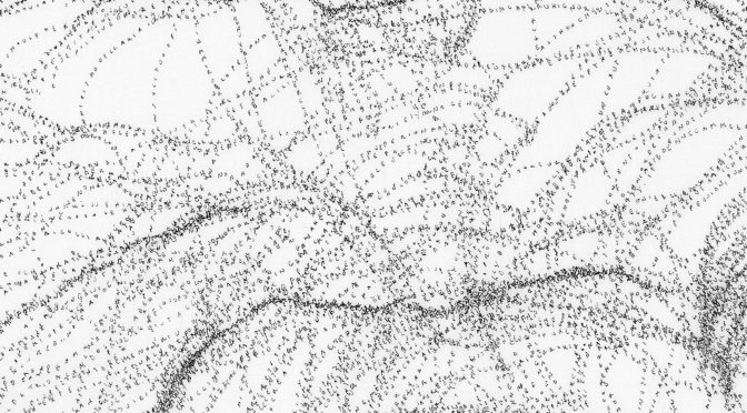 Detail of a drawing with lines formed from small letters