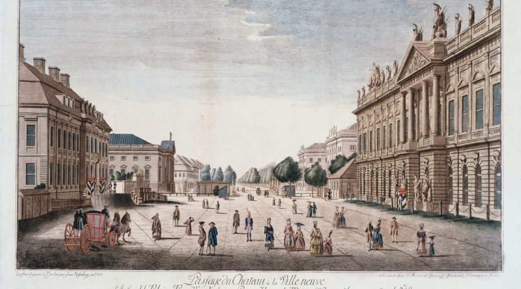 Reproduktion einer alten Radierung aus dem 18. Jh., auf der Gebäude an der Straße Unter den Linden zu sehen sind.
