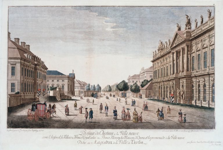 Reproduktion einer alten Radierung aus dem 18. Jh., auf der Gebäude an der Straße Unter den Linden zu sehen sind.
