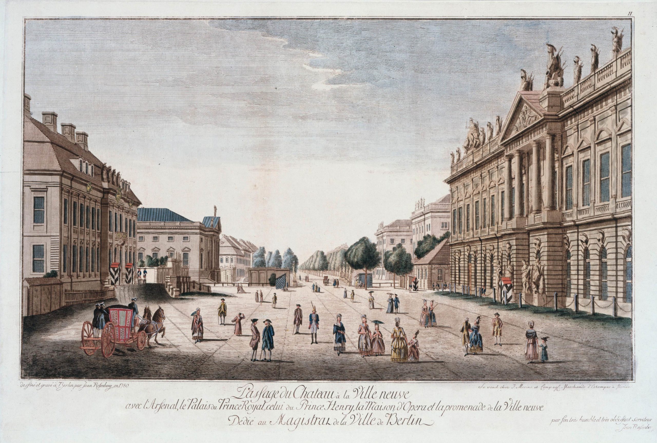 Reproduktion einer alten Radierung aus dem 18. Jh., auf der Gebäude an der Straße Unter den Linden zu sehen sind.