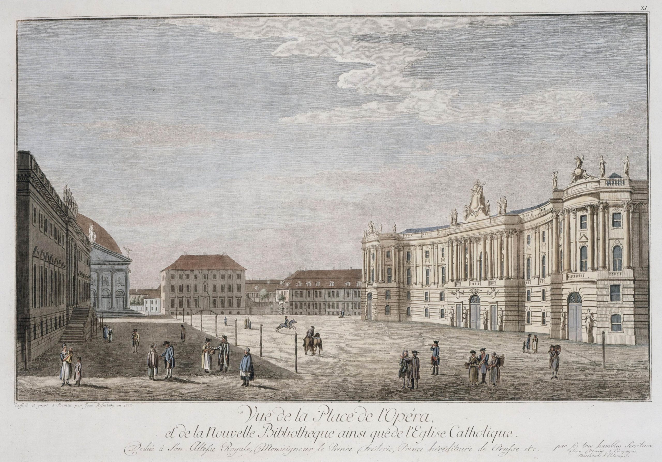 Reproduktion einer alten Radierung aus dem 18. Jh., auf der der Berliner Opernplatz und andere Gebäude zu sehen sind.
