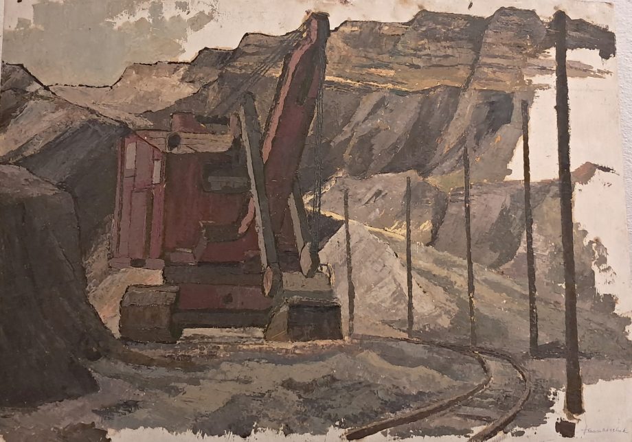 Ölskizze eines Kohlbergbaus mit Schienen und einem großen Bagger
